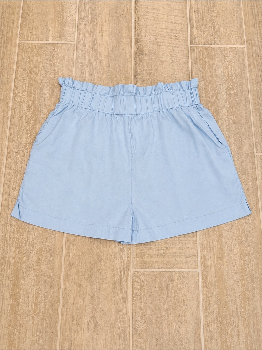 High-Waist Light Blue Paperbag Shorts with Pockets